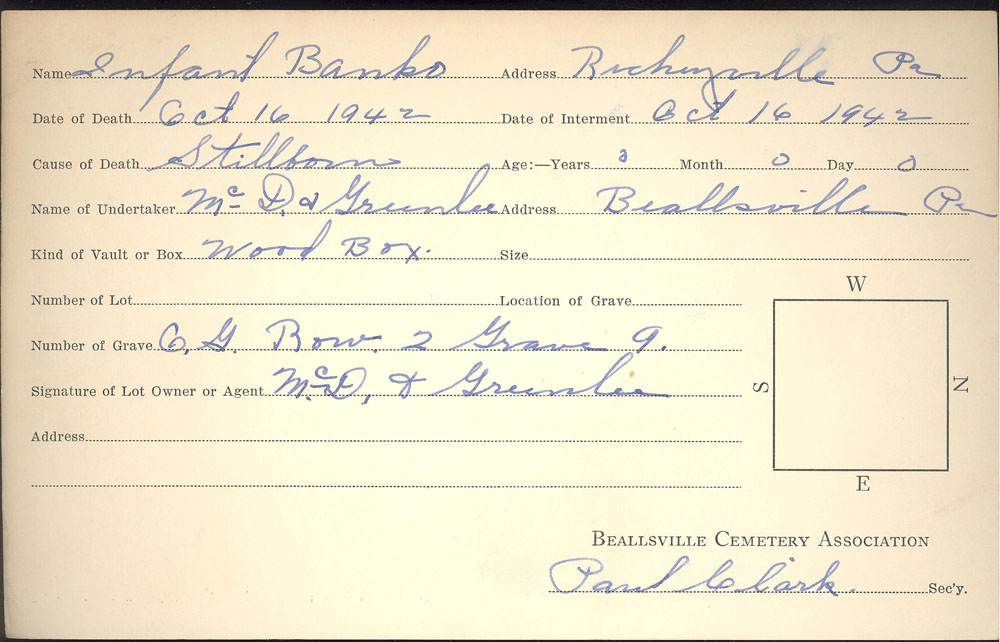 Banko Infant burial card